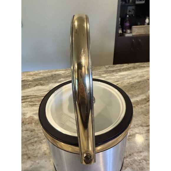 Morgan Ice Bucket MCM Barware MCM 8" x 8" Gold Silver Tongs Top w/ Knob Vintage - Picture 8 of 11